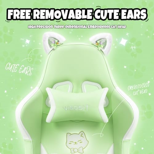 Gaming Chair, Cute Cat Gaming Chairs with Paw Lumbar Cushion for Girls, Video Gamer Chair with Footrest for Girl Teen Woman (Green-A)