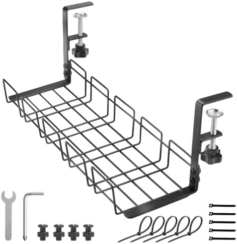 Under Desk Cable Management Tray, 15.7'' Metal Wire Organizer with Clamp, No Drill Desk Cord Rack for Cable Management, Computer Wire Organizer for Office and Home – Sturdy & Scratch-Free