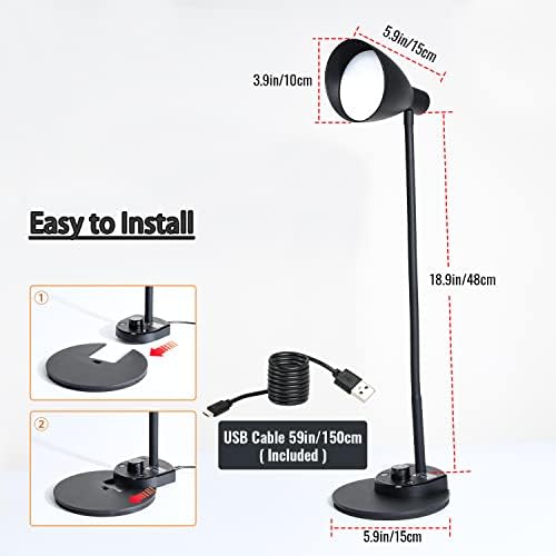 LED Desk Lamp, Desk Light with USB Charger, 3 Color Temperature and 20 Brightness Levels, Eye-Caring Metal Desk Light for Office and Bedroom, 10W, 1000 Lumens, Adapter Included (Black)