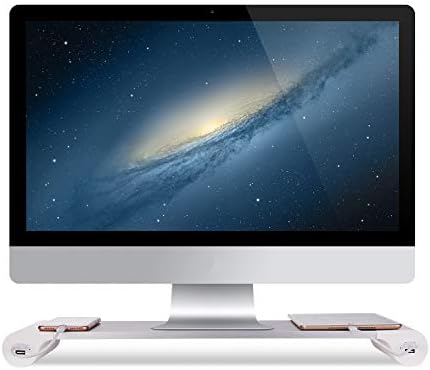 PG Silver Monitor Stand Riser with 4-Port USB Charging ports, Convenient keyboard organiser,Desktop Organizer for Computer, Laptop, TV, Printer - Ergonomic Keyboard Tray & Storage Shelf.