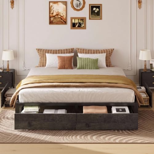 King Bed Frame with 4 Storage Drawers, Charcoal Grey