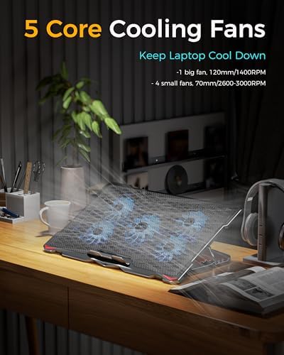 AICHESON Laptop Cooling Pad 5 Fans Up to 17.3 Inch Heavy Notebook Cooler, Blue LED Lights, 2 USB Ports, S035, Blue-5fans