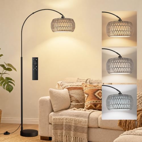 Ambimall Boho Arc Floor Lamp, Color Temp and Brightness Adjustable, Grey