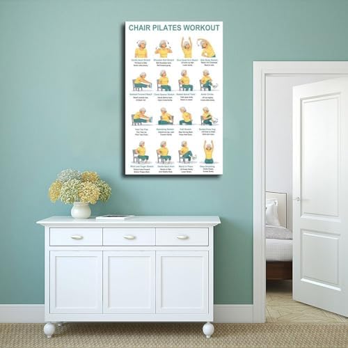 Chair Pilates Workout Seated Full Body Exercise Chart Sitting Core Flexibility Routine for Home Canvas Poster Wall Art for Living Room Bedroom Decor Frame 24x36inch