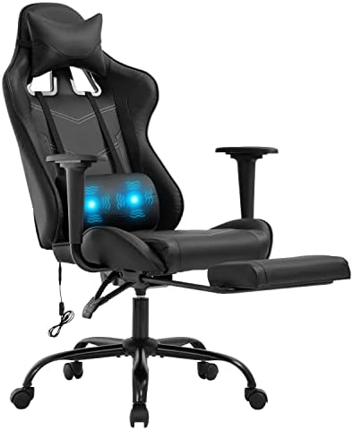 PU Leather Ergonomic Gaming Chair with Massage, Lumbar Support, Footrest and Armrest - Big and Tall, Racing Style for Adults Gaming Work Study