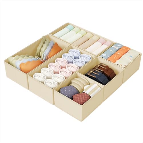 DIMJ Drawer Organizers Clothes, Set of 6 Dresser Organizer Bins, Fabric Closet Organizers and Storage, Shallow Drawer Dividers for Nursery, Clothing, Baby Clothes, Socks, Underwears, Tie (Beige)