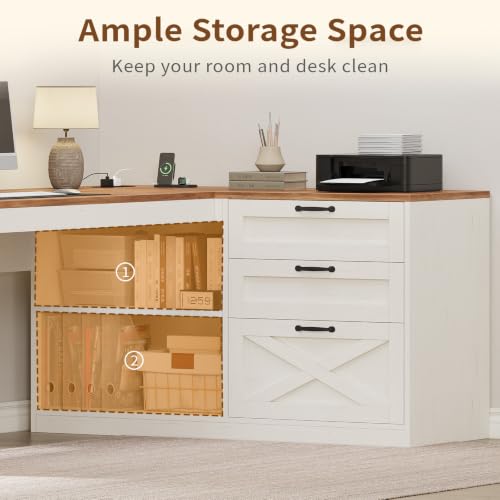 Farmhouse L Shaped Computer Desk with Drawers, Power Outlet for Home Office