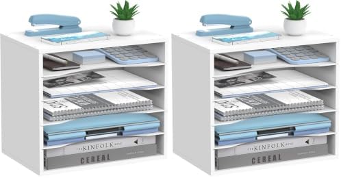 5-Tier Wood Desk Organizer, Paper Tray Organizer for Desk with Adjustable Storage Shelves, Desktop Mail Organizer and Paper Sorter Mail Holder for Office Home Classroom, White (Pack of 2)
