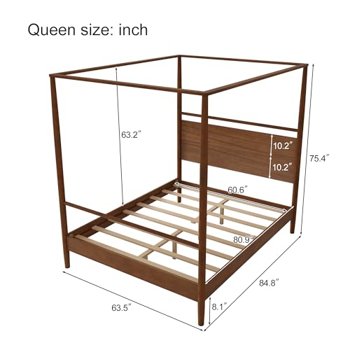 Queen Size Wood Canopy Bed Frame, Walnut Vintage Four-Posters Frames