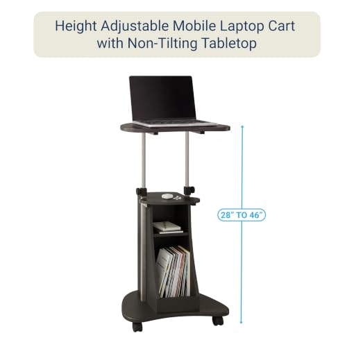 Adjustable Height Rolling Laptop Cart with Storage, Graphite