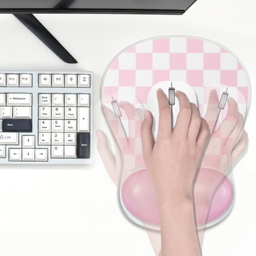Pink Checkered Mouse Pad with Gel Wrist Rest Support - Ergonomic Mousepad
