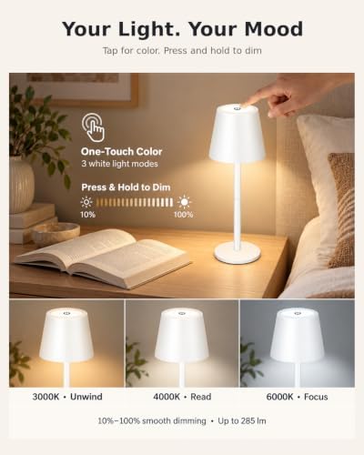 Cordless Table Lamp, 5000mAh Rechargeable, Adjustable 8.8"-20