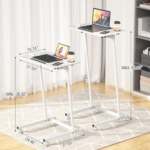 Eocnrhe Treadmill Desk, Mobile Small Standing Desk with Wheels for Walking Pad, Portable Table for Laptop, Rolling Table Adjustable Height, Bedside Table，White