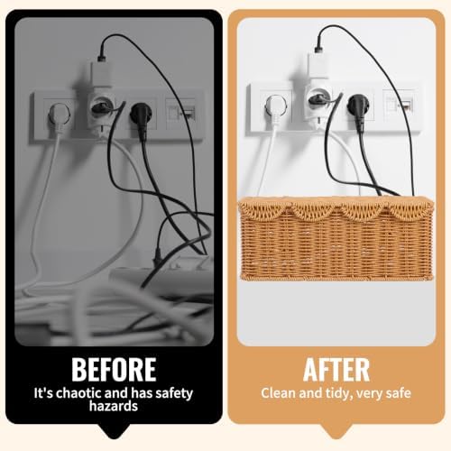 Scalloped Edge Handmade Cable Management Box, Elegant Plastic Rattan Cable Organizer, 2 Open Slots Sturdy Cord Hider Box, Under Desk Cord Organizer for Home TV Wires Computer Router USB Hub Strip (1)