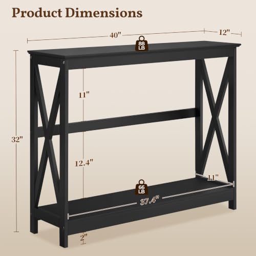 Narrow Black Entryway Console Table, 2-Tier X-Frame Storage Shelf