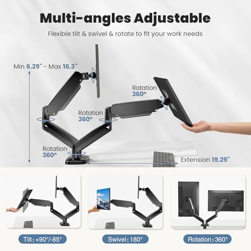 OLIXIS Dual Monitor Mount for Desk, Gas Spring Monitor Arm for 2 Monitors Max 32 Inches, Fully Adjustable Double VESA Mount with C-Clamp/Grommet Base, Holds Screen 17.6 lbs