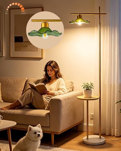 Lightdot Glass Floor Lamp with Table Green Lotus Leaf Gold Standing Lamp