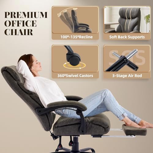 Big and Tall Office Chairs with Foot Rest,500LBS Wide Ergonomic Gaming Chair,100-135°Recline Executive Leather Computer Chairs with Adjustable Height,Gray