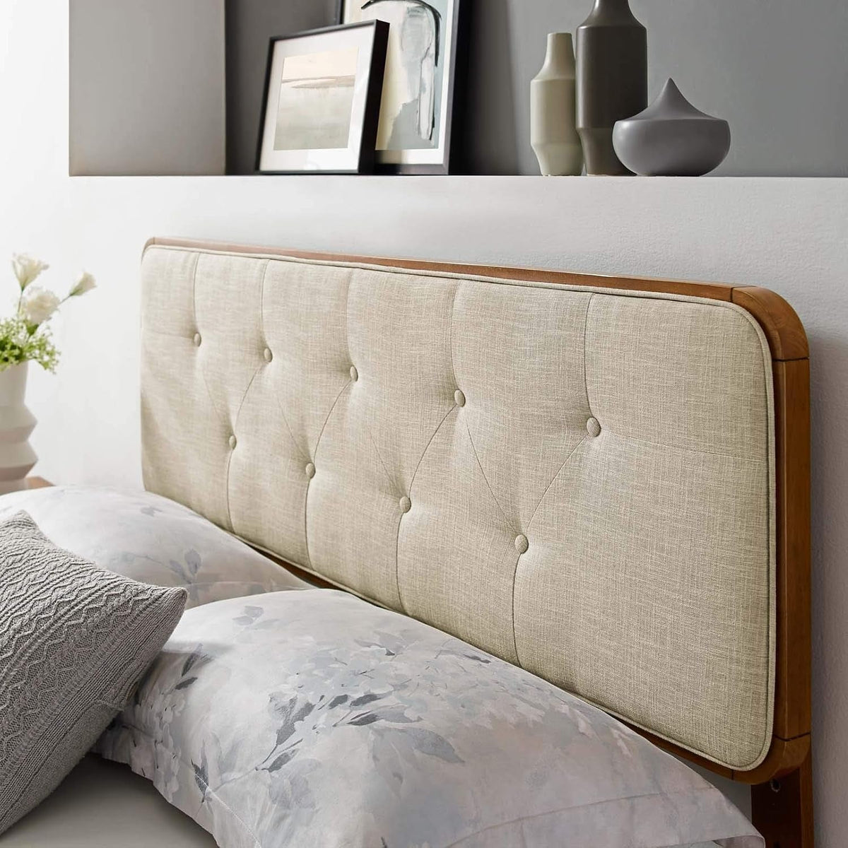 Collins Tufted King Headboard, Fabric and Wood, Walnut Beige