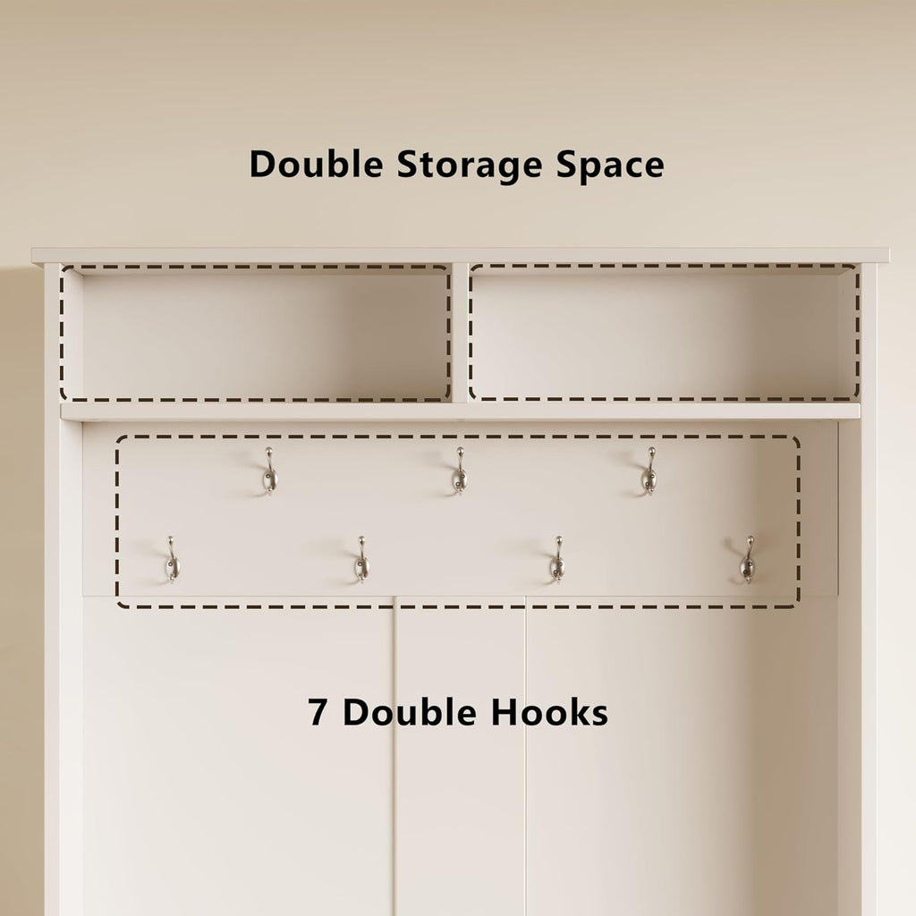 Hall Tree with Bench and Shoe Storage, 3-In-1 Entryway Hall Tree, with Adjustable Shoe Storage, for Entryway, Hallway, White