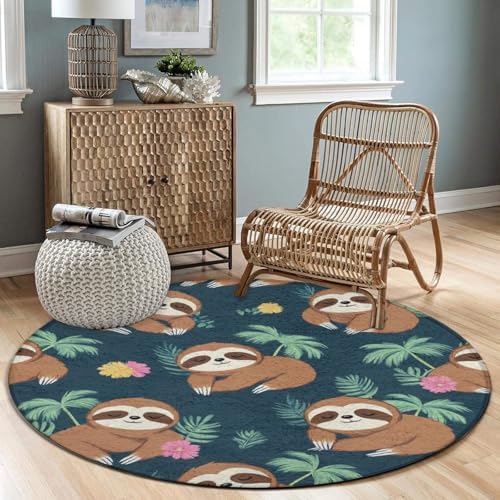 Fashion Round Area Rug Large Non Slip Carpet, Cute Sloths Unisex Home Decor Mat