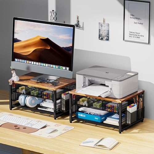 Marbrasse Wood Printer Stand for Desk, 2-Tier Desktop Printer Table for Home Office, Printer Stand with Storage Drawer 2 Pen Holders, Multi-Purpose Desk Organizer for Fax Machine Scanner(Wood Brown)
