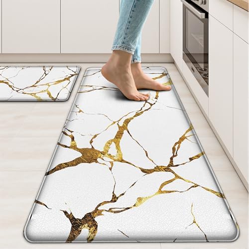 Tyrot Gold White Kitchen Mats for Floor 2 Pcs 17.3"X28"+17.3"X47"