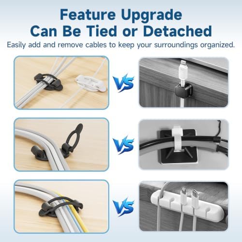 Adjustable Cable Management Clips, Self Adhesive Cord Organizer with Elastic Loop, Reusable Cable Holder for Desk, Under Desk, Wall, TV, Office, Home, Charging Cables, USB, HDMI, PC Wires (10, Black)