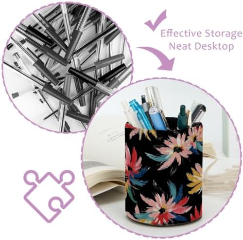 Leather Pen Holder for Desk, Multicolor Floral Pencil Cup Pen Organizer Makeup Brush Holder for Office Home Kids Countertop Desk Accessory Storage
