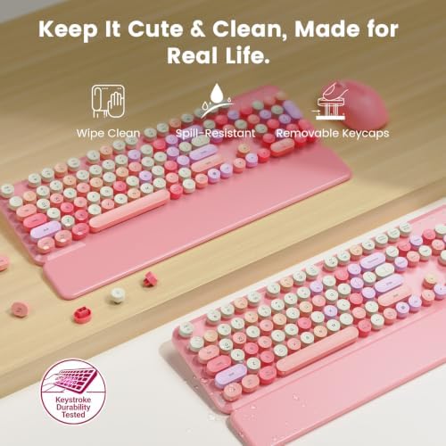 Wireless Keyboard and Mouse Combo, Magnetic Wrist Rest, Round Keycaps, Pink