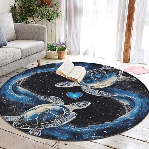 Room Sofa Yoga Soft Round Carpet, Home Decor Non Slip Kitchen Office Circle Rug, Machine Washable Modern Round Area Rug Trippy Space Sea Water Love Tortoise Turtle Art, 24inch