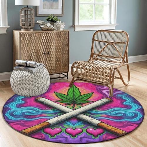 Home Decor Non Slip Kitchen Office Circle Rug, Machine Washable Modern Round Area Rug, Room Sofa Yoga Soft Round Carpet Trippy Love Weed Art, 24inch