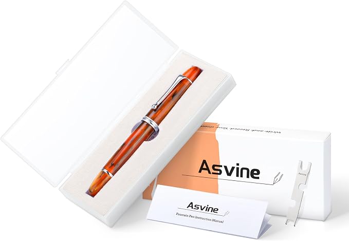Asvine V800 Fountain Pen – Vacuum Filling System with Large Ink Capacity – Smooth Number 8 Medium Nib with Gift Case and Wrench- Amber Acrylic