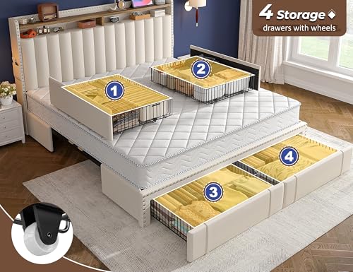 King Size Bed Frame with 4 Storage Drawers & Storage Headboard