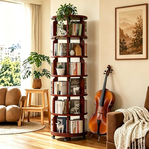 6 Tier 360° Rotating Solid Wood Bookshelf with Wheels