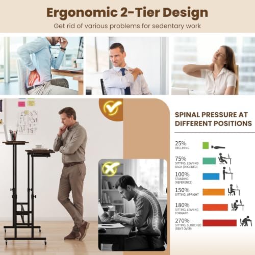 GIANTEX Mobile Standing Desk, Adjustable Rolling Computer Desk (Brown)