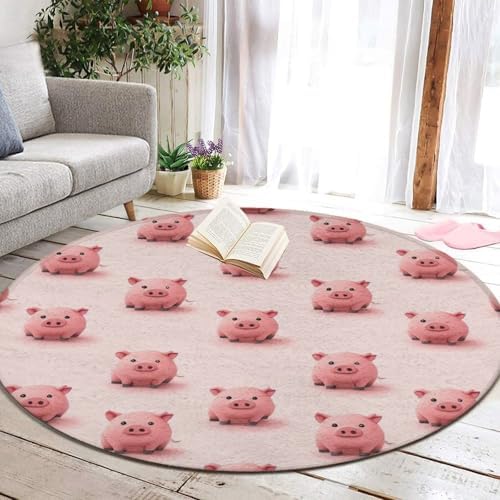 Women's Large Home Decor Mat, Soft Round Yoga Carpet, Non Slip Machine Washable Home Office Circle Rug Pink Pig