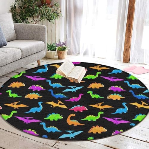 Soft Round Yoga Carpet, Large Home Decor Mat, Non Slip Machine Washable Kitchen Office Circle Rug Cute Dinosaurs, 24inch