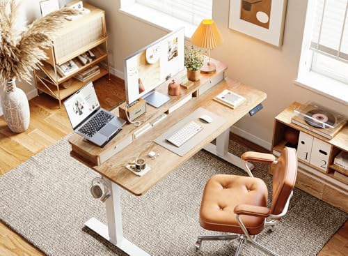 BANTI 48x24 Inch Electric Height Adjustable Standing Desk, Home Office Computer Desk with Double Storage Drawers, 4 Adjustable Feet & 2 Hooks, Maple