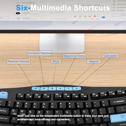 Wireless Keyboard and Mouse Combo, 2.4G Ergonomic Wave Keys(Blue Black)