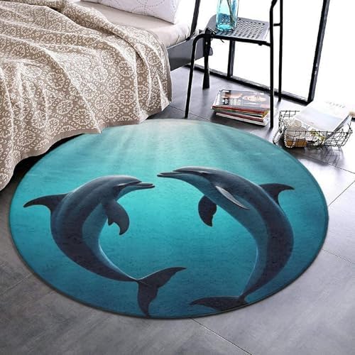 Large Home Decor Mat, Soft Round Yoga Carpet, Non Slip Machine Washable Home Office Circle Rug Dolphins
