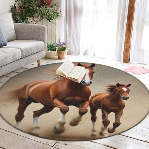 Soft Round Yoga Carpet, Large Home Decor Mat, Non Slip Machine Washable Kitchen Office Circle Rug Running Brown Horse