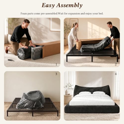 Queen Corduroy Cloud Bed Frame with Cat-Ear Design, Black
