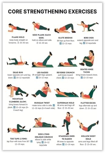 Core Strengthening Workout Poster, 16 Illustrated Abdominal Training Chart with Timing & Rep Guides, Bodyweight Abs & Obliques Exercise Reference for Home Gym Beginner Core Stability Fitness Routine(20x30inchs，Unframed)