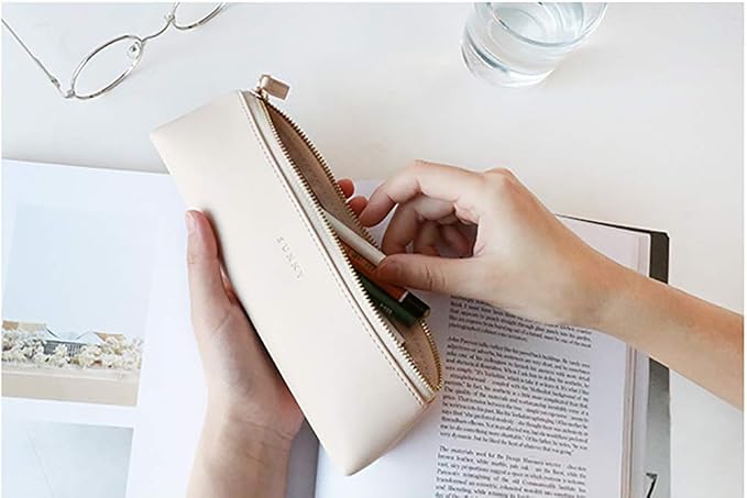 Doraking Cosmetic Makeup Bag Pen Stationery Case PU Leather Small Pencil Pouch for Students Zipper Bag for Pens, Pencils, Markers (Apricot)