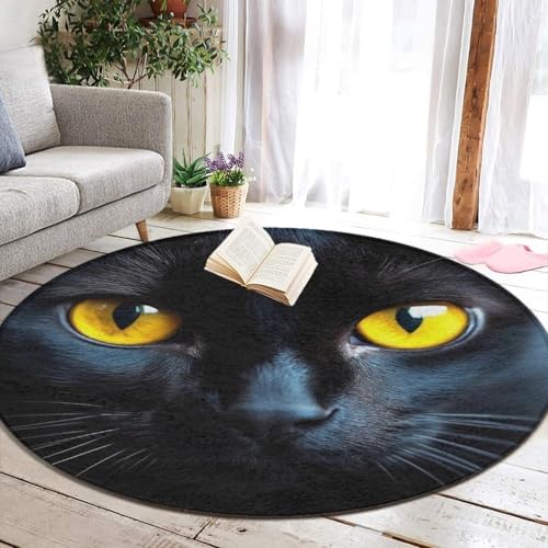 Large Home Decor Mat, Soft Round Yoga Carpet, Non Slip Machine Washable Home Office Circle Rug Black Cat
