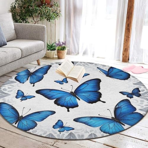 Large Machine Washable Circular Rugs, Home Decor Round Mat for Living Room Sofa Office Beautiful Blue Butterfly