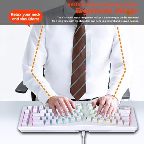 Yunseity Ergonomic Split Keyboard, Wired 69 Key with 18 Modes RGB Backlit Keyboard for Computer, Comfortable Keycaps, Shared Spaces, Split Design for Comfort Typing (White)