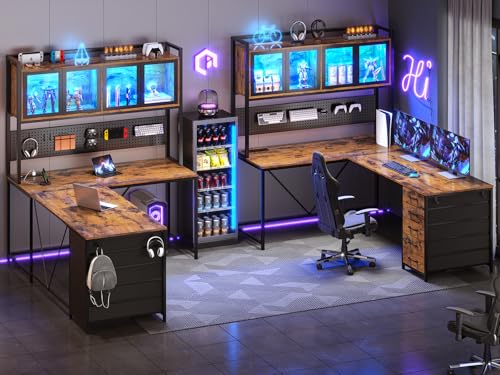 L Shaped Gaming Corner Desk with Drawers, Hutch and Storage Shelves