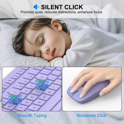 Wireless Keyboard and Mouse Combo, Full-Size Silent Ergonomic Keyboard and Optical Mouse, Long Battery Life, 2.4GHz Lag-Free Cordless Mice Keyboard for Computer, Mac, Laptop, PC, Windows(Purple)